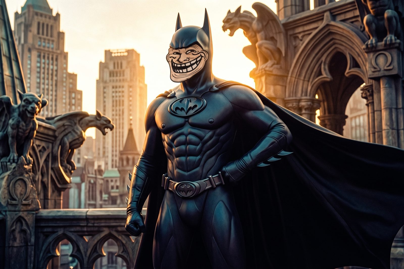 Troll Clooney in a Batman costume on a Gotham rooftop.