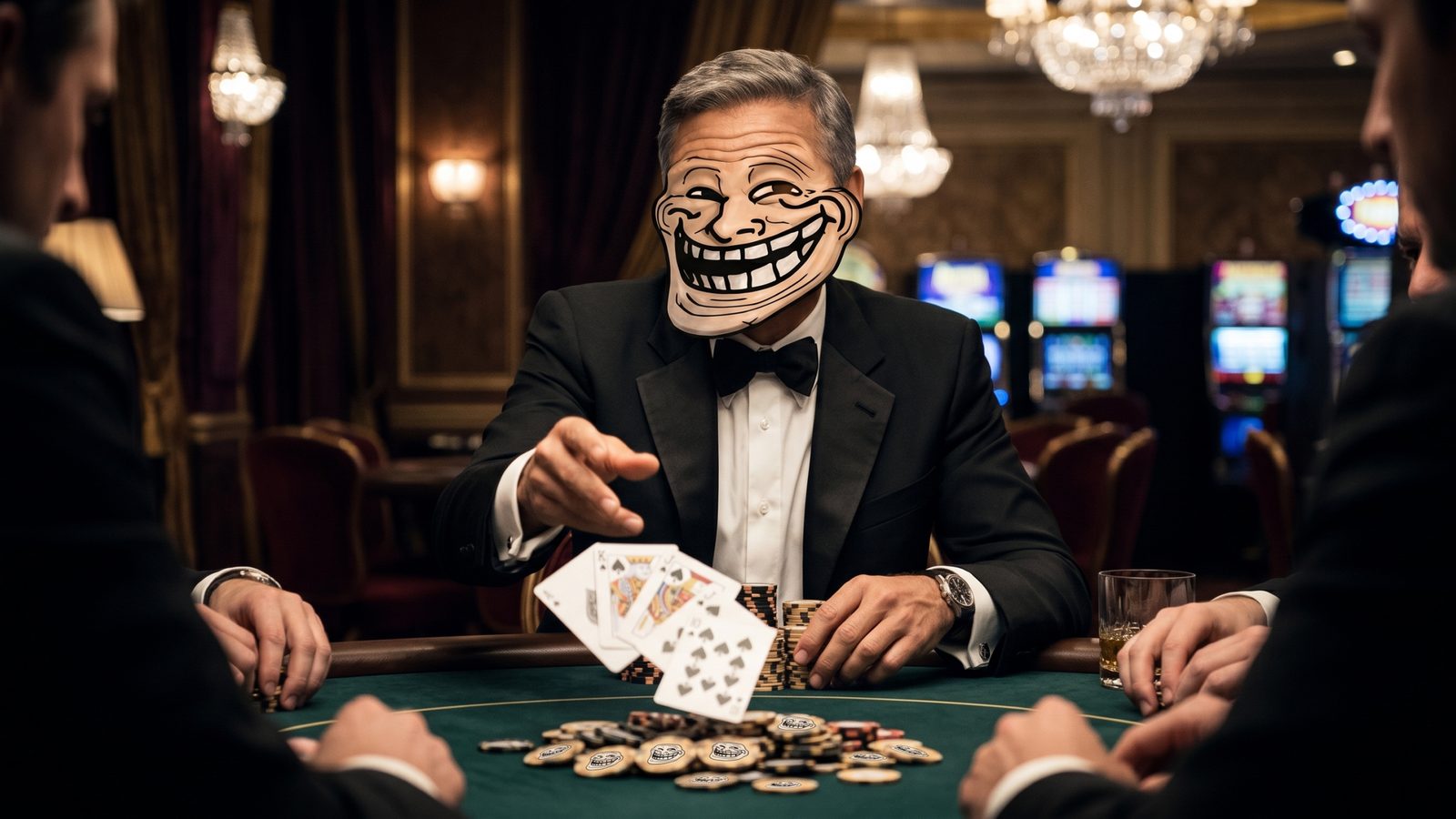 Troll Clooney at the poker table, fanning a winning hand.
