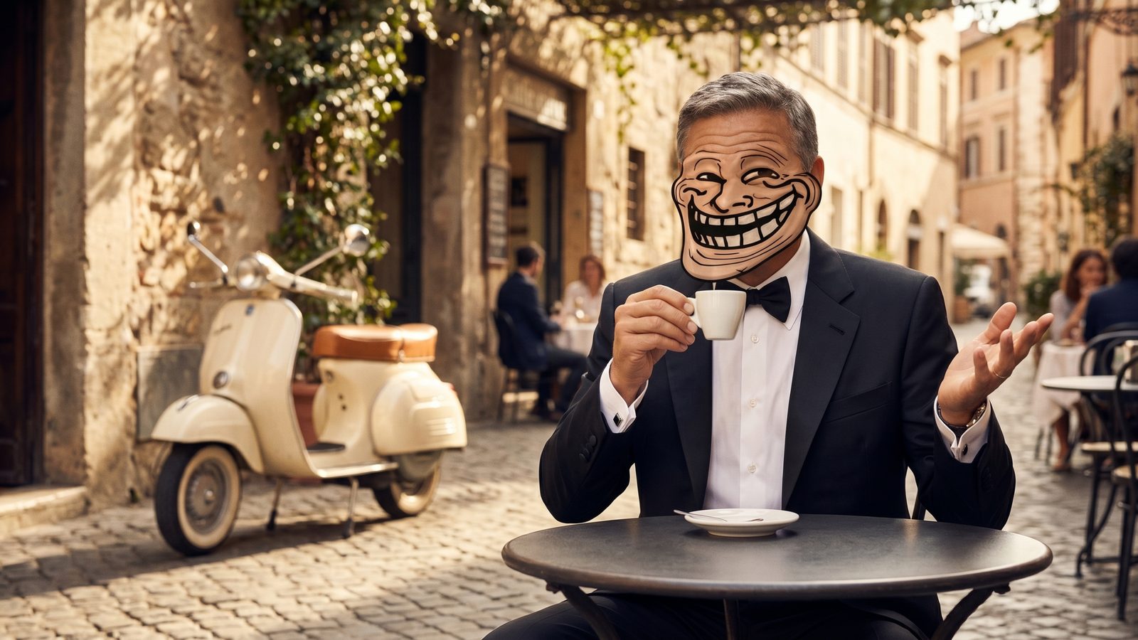 Troll Clooney sipping espresso at an Italian sidewalk cafe.