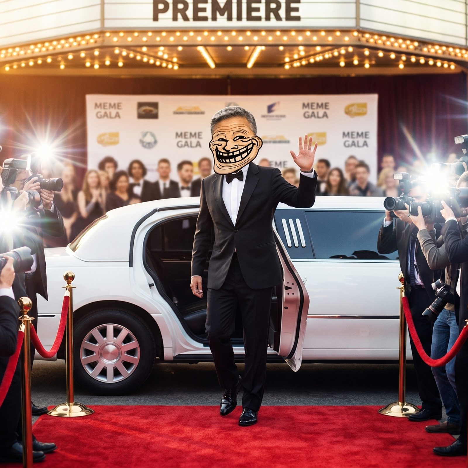 Troll Clooney stepping out of a limo onto a Meme Gala red carpet.